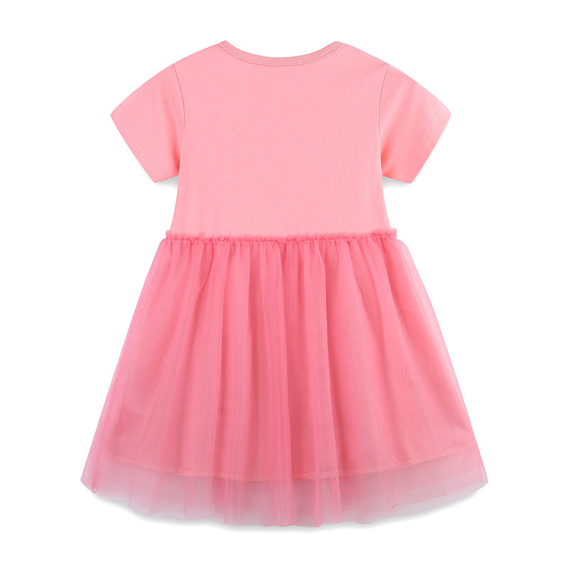 Summer Arrival Cotton Animals Pattern Tulle Patchwork Short Sleeves Dress for Stylish Girls-1
