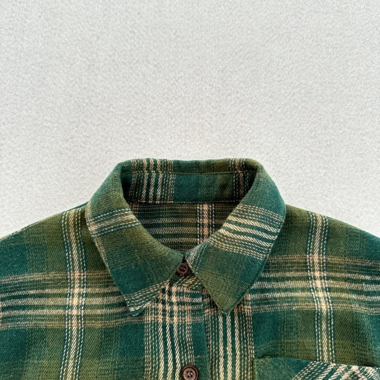 European and American Vintage Style Kids’ Outerwear: Plaid Long Sleeves Single Breasted Coat for Children-3