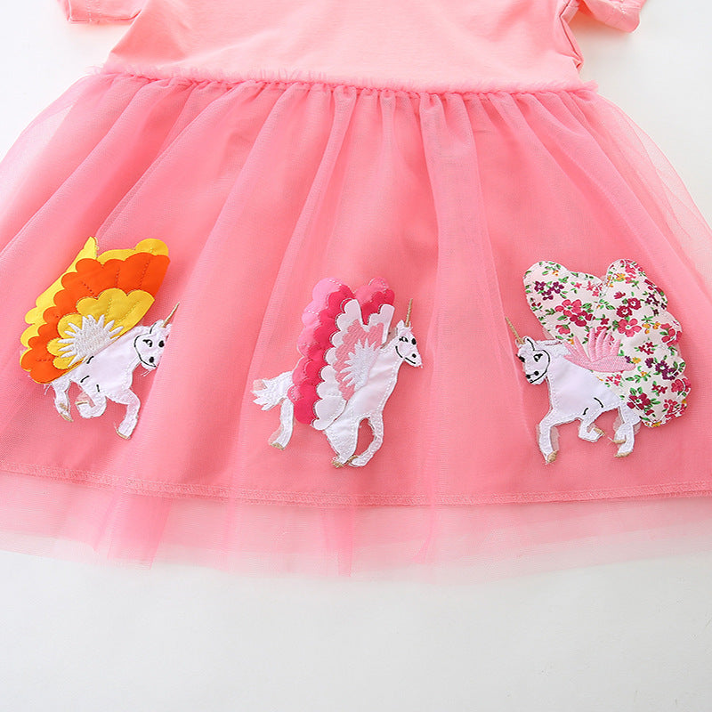 Summer Arrival Cotton Animals Pattern Tulle Patchwork Short Sleeves Dress for Stylish Girls-2