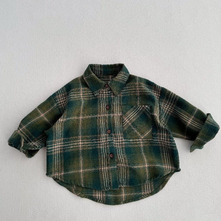 European and American Vintage Style Kids’ Outerwear: Plaid Long Sleeves Single Breasted Coat for Children-0