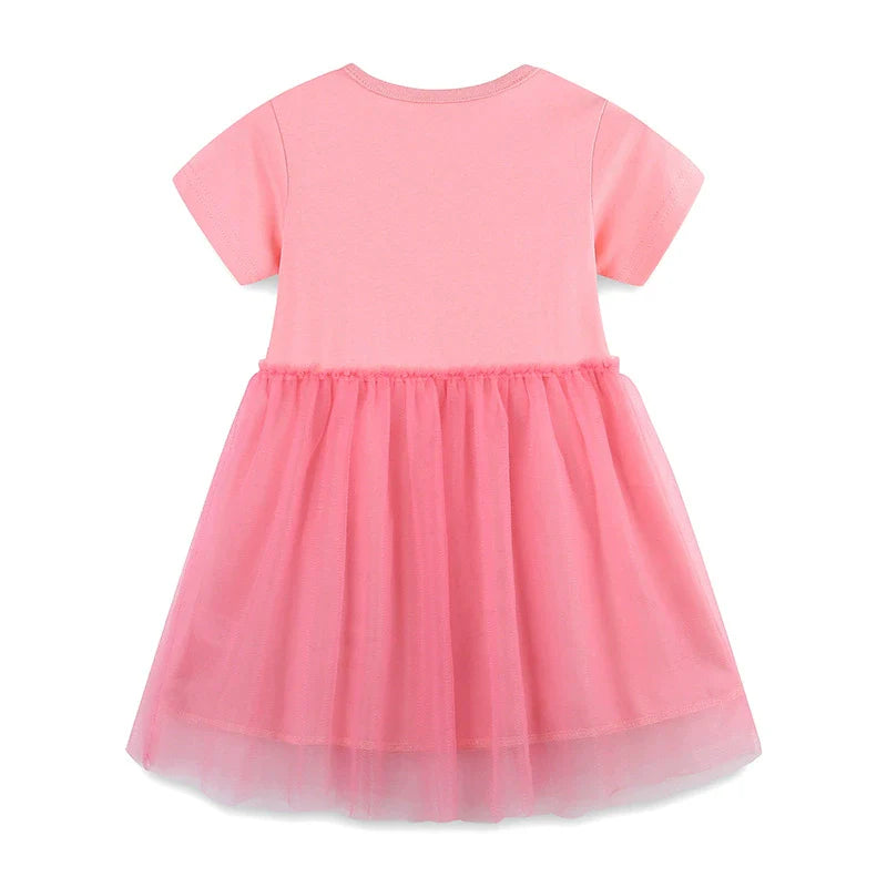 Summer Arrival Cotton Animals Pattern Tulle Patchwork Short Sleeves Dress for Stylish Girls-3