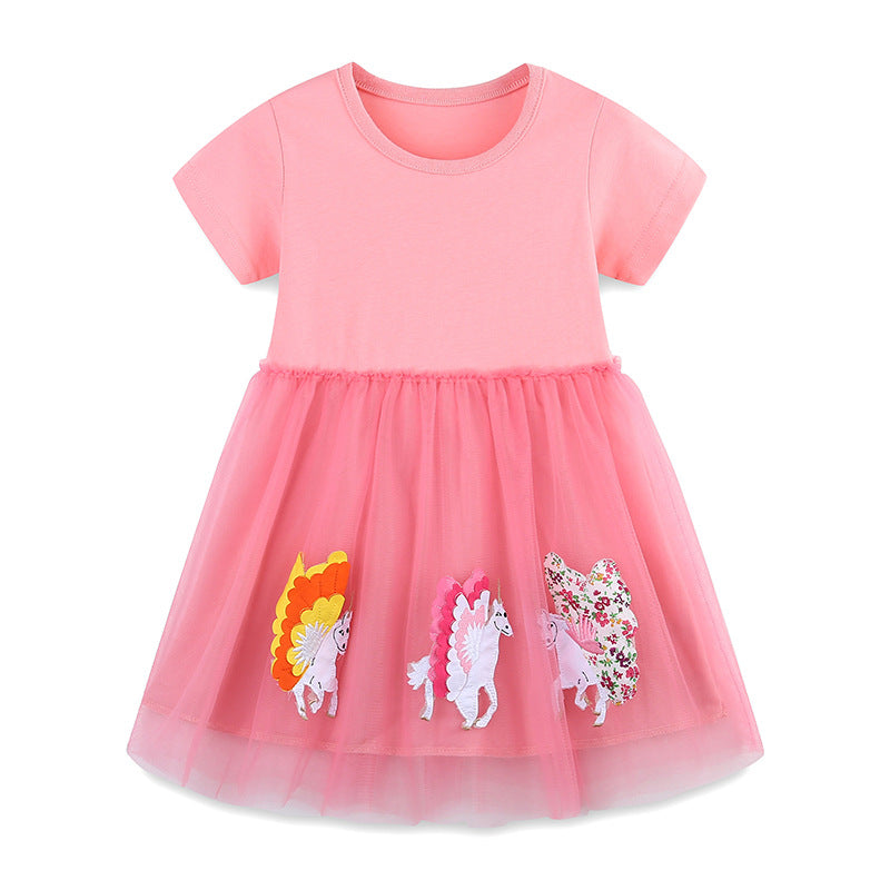 Summer Arrival Cotton Animals Pattern Tulle Patchwork Short Sleeves Dress for Stylish Girls-5